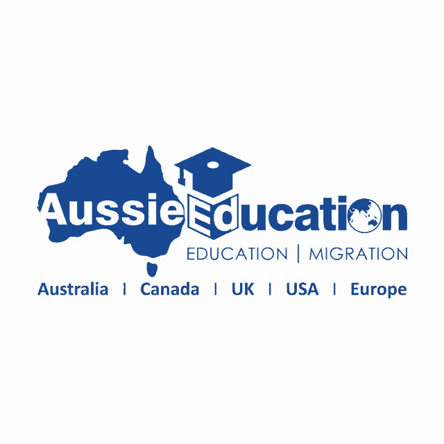 a logo for aussie education shows a map of australia and a graduation cap