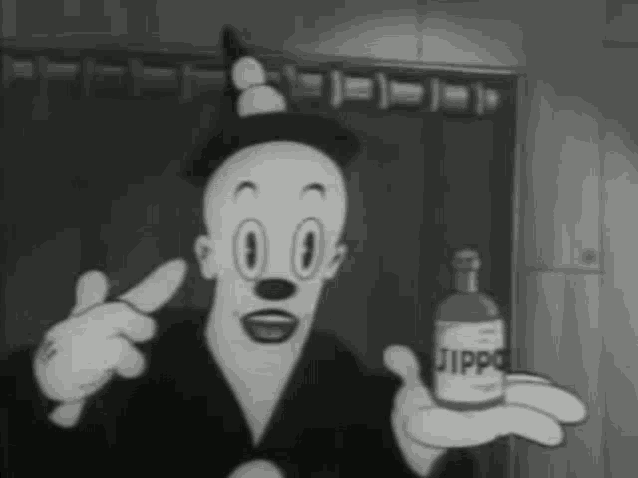 a cartoon character is holding a bottle that says jippo