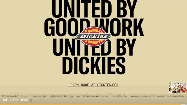 united by good work united by dickies is written on a yellow background