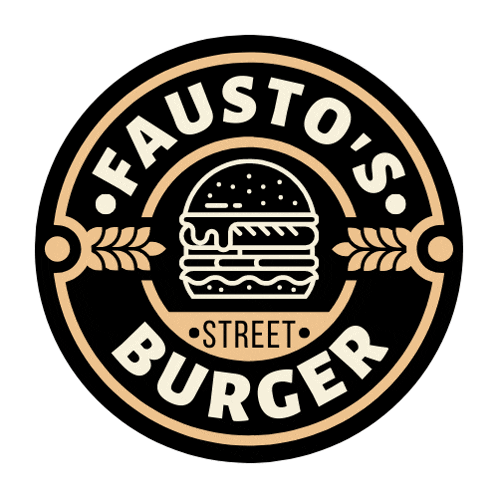 a logo for fausto 's street burger shows a hamburger in the center