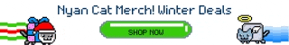 an advertisement for nyan cat merch with a shop now button