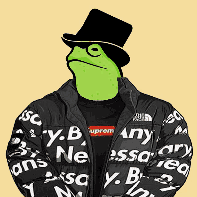 a frog wearing a top hat and a jacket that says any on it