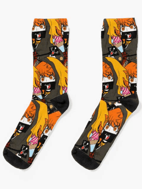 a pair of socks with a pattern of a girl with a mask on her face