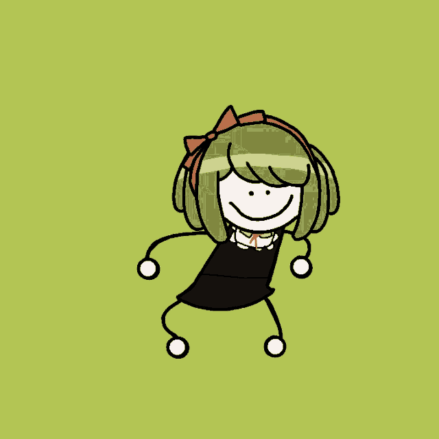 a stick figure of a girl with green hair and a red bow in her hair