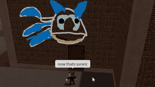 a person standing in front of a brick wall with a drawing on it that says " now thats suneic "