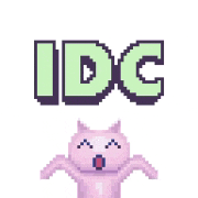 a pixel art of a cat with the word idc above it .