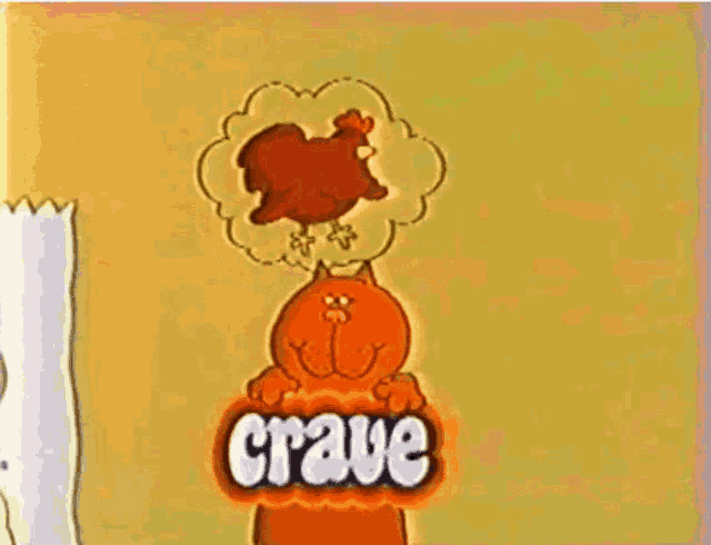 a cartoon cat with a chicken coming out of its head and the word crave on it