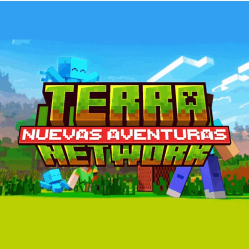 a logo for terra nuevos aventuras network with a minecraft theme