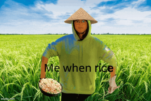 a person wearing a conical hat is holding a bowl of rice in front of a field