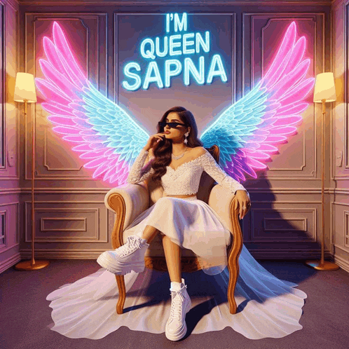 a woman with angel wings is sitting in a chair under a neon sign that says " i 'm queen sapna "