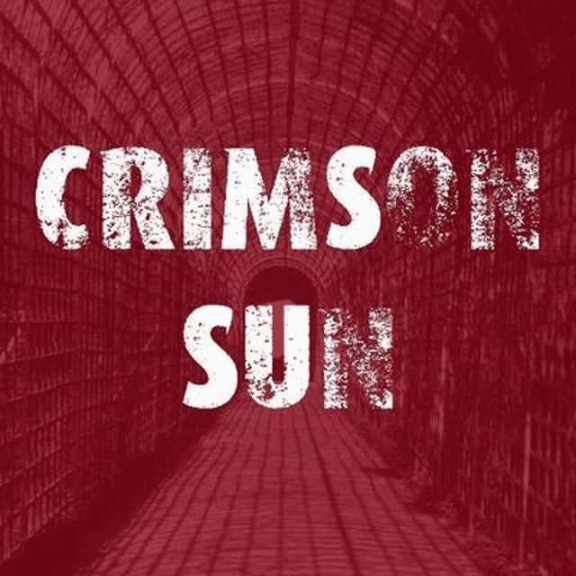 the word crimson sun is on a red background with a brick wall in the background .