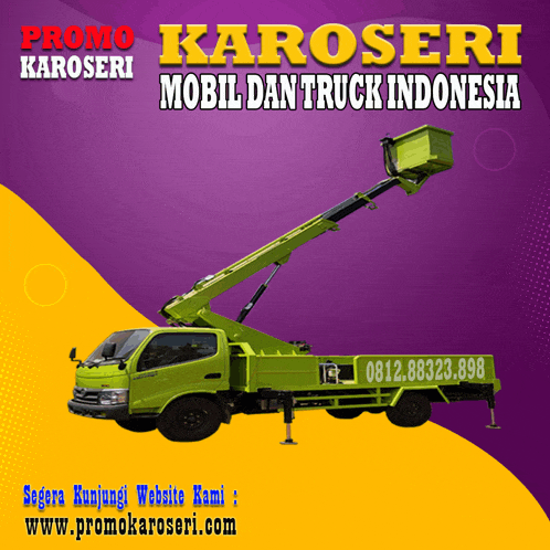 an ad for karoseri mobil dan truck indonesia with a green truck