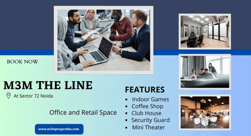 an advertisement for m3m the line features indoor games coffee shop club house security guard mini theater office and retail space