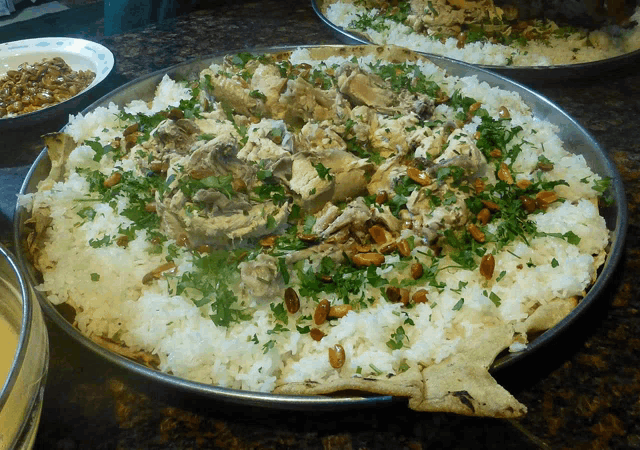 a plate of rice with chicken and parsley on top