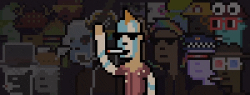 a pixel art of a man smoking a cigarette and waving