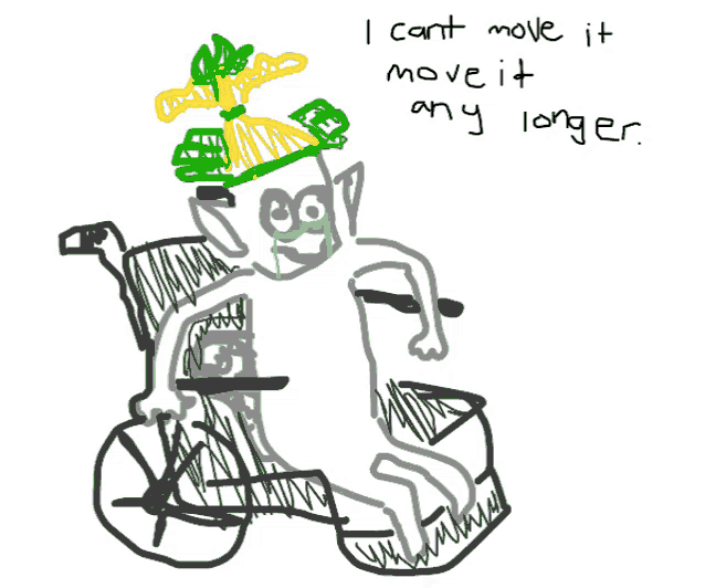 a drawing of a man in a wheelchair with the words " i can t move it move it any longer "