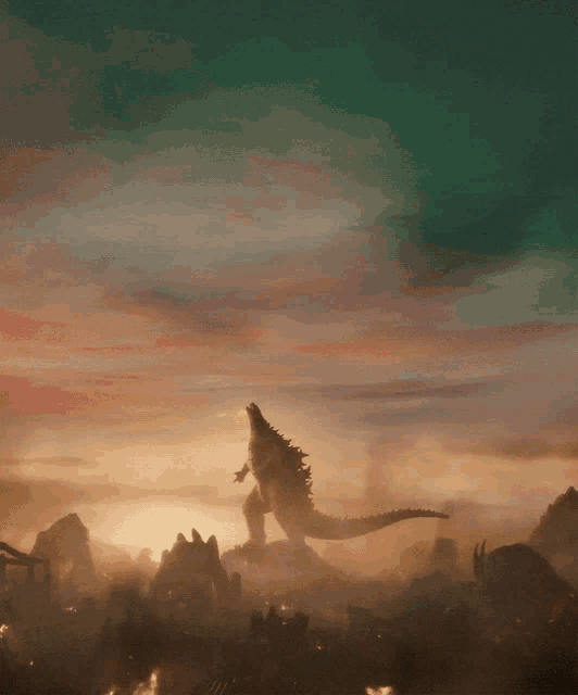 a painting of a monster standing in the middle of a city