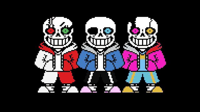 three skeletons are standing next to each other on a black background .