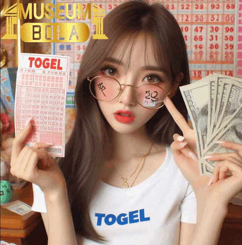 a woman wearing a t-shirt that says ' togel ' on it holds a lottery ticket and money