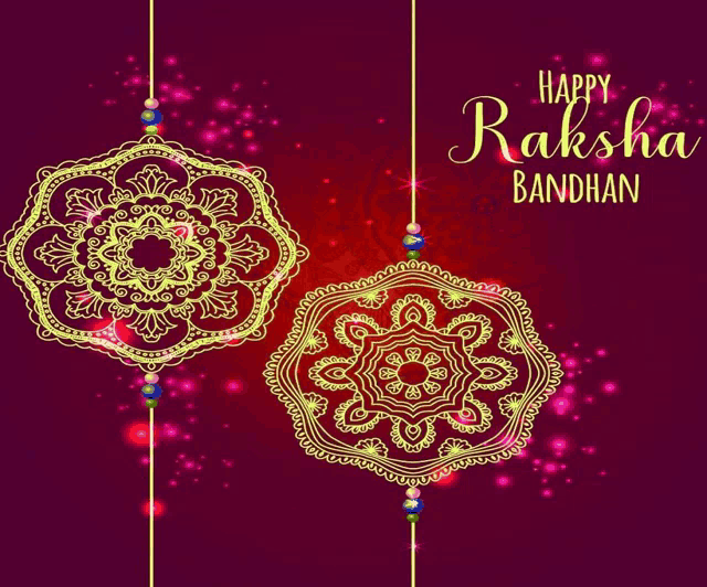 a happy raksha bandhan greeting card with two mandalas on a purple background