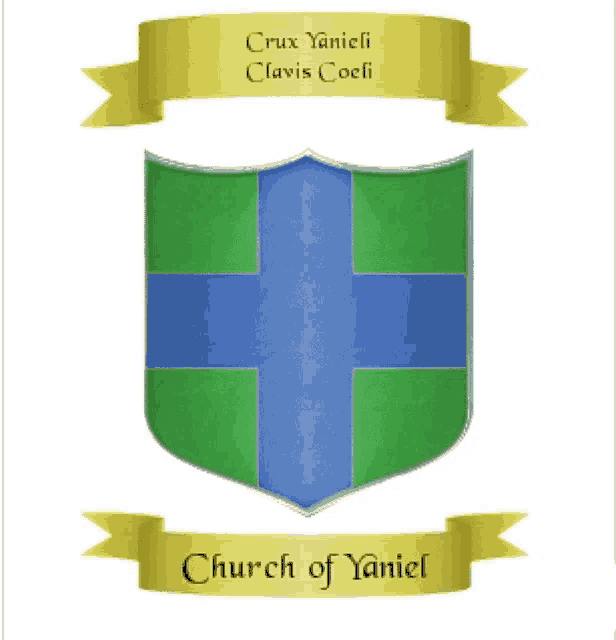 a shield with a blue and green cross and the words church of yaniel below it