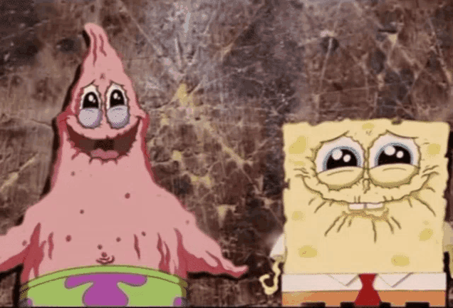 spongebob and patrick are standing next to each other and smiling