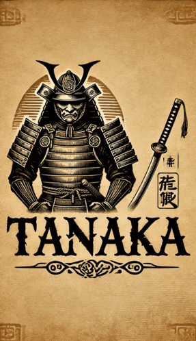 a samurai holding a sword with the word tanaka below him