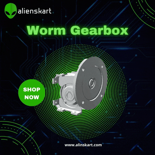 an advertisement for a worm gearbox with a green circle around it