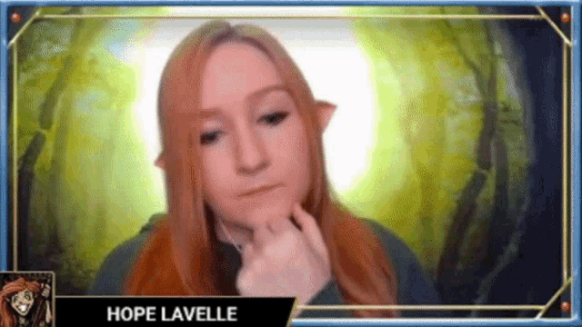 a woman with red hair and the name hope lavelle at the bottom