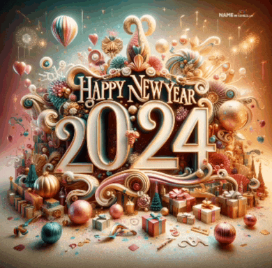 a poster that says happy new year 2024 surrounded by gifts and balloons