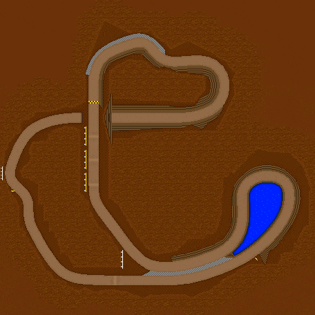 a cartoon drawing of a race track with a blue lake