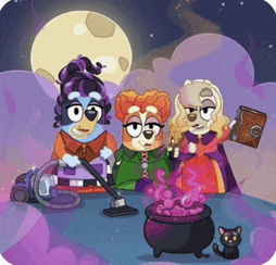 three cartoon characters are standing around a cauldron with a cat .