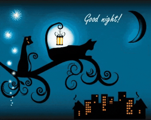 a cat sitting on a branch with a lantern and the words good night