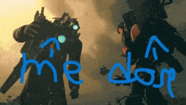 two soldiers are standing next to each other with the words " me don " written in blue