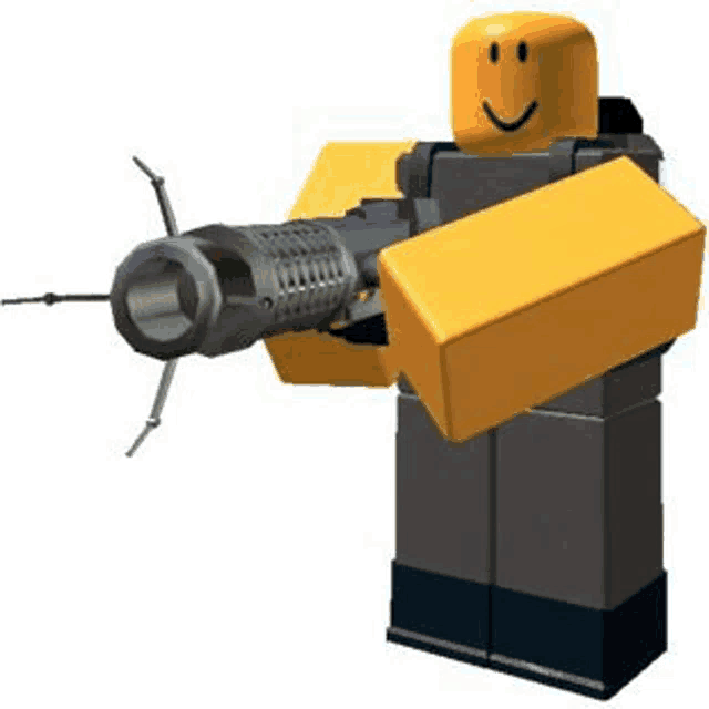 a robot with a smiley face is holding a gun in his hand .