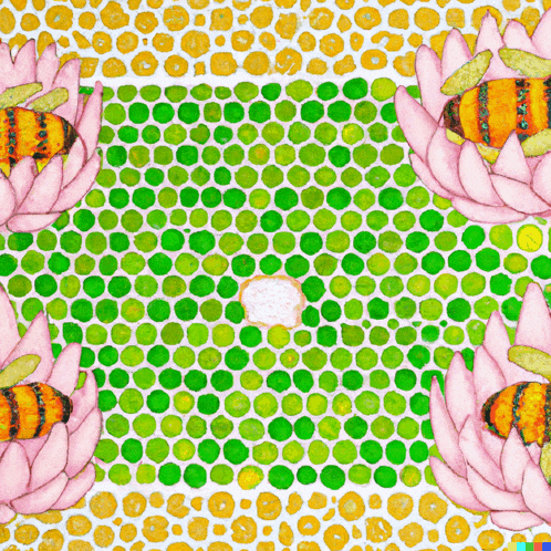 a painting of bees sitting on pink lotus flowers on a green and white background