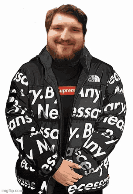 a man with a beard is wearing a black jacket with supreme written on it