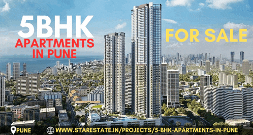 an advertisement for 5bhk apartments in pune with a cityscape in the background