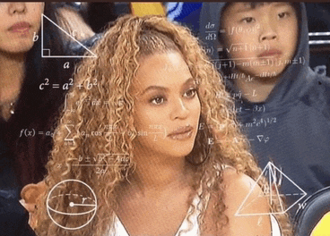 a woman with curly hair is surrounded by mathematical symbols