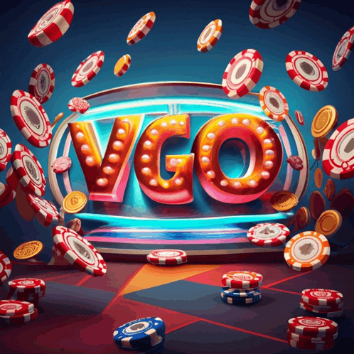 a bunch of poker chips are falling in front of a sign that says vgo