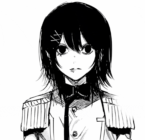 a black and white drawing of a girl with short hair and a bow tie