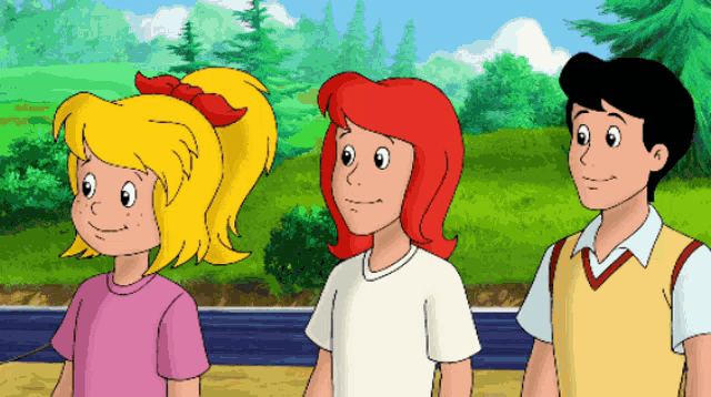 three cartoon characters are standing next to each other and smiling for the camera