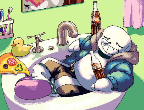 a pixel art of sans laying in a sink holding a coca cola bottle