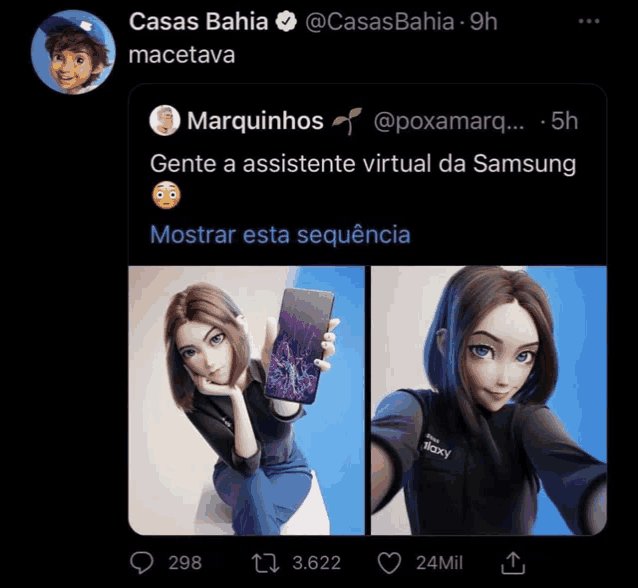 a screenshot of a tweet from casas bahia shows a girl holding a samsung phone