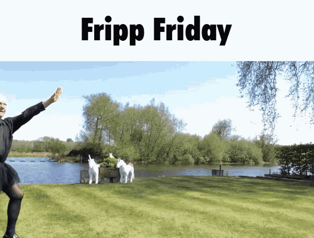 a man in a black shirt stands in front of a body of water with the words fripp friday above him