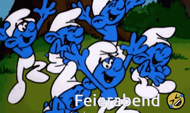 a group of smurfs are dancing with the word feierabend written below them