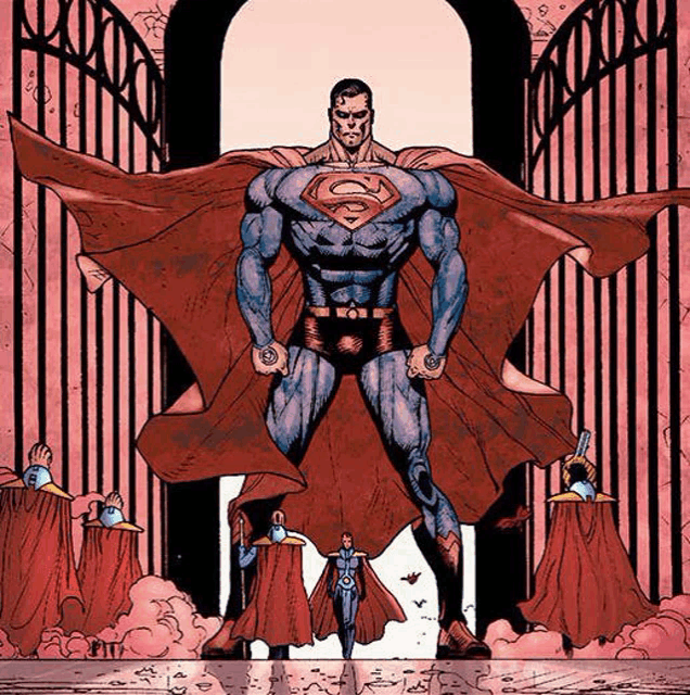 a drawing of superman standing in front of a building