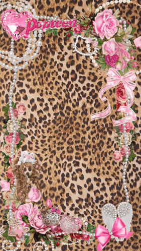 a leopard print background with pink flowers and pearls and the word popteen