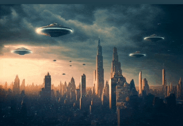 a group of flying saucers flying over a futuristic city