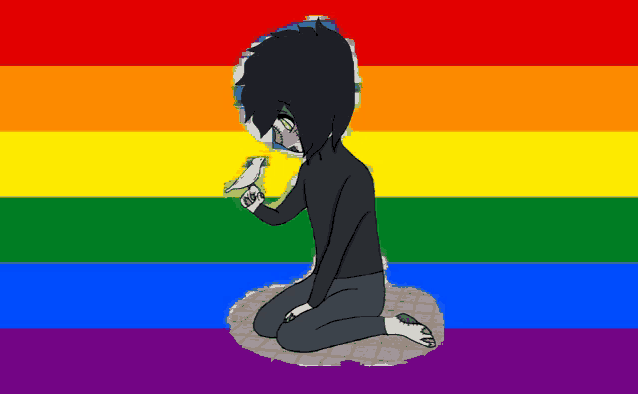 a drawing of a person kneeling in front of a rainbow flag holding a bird